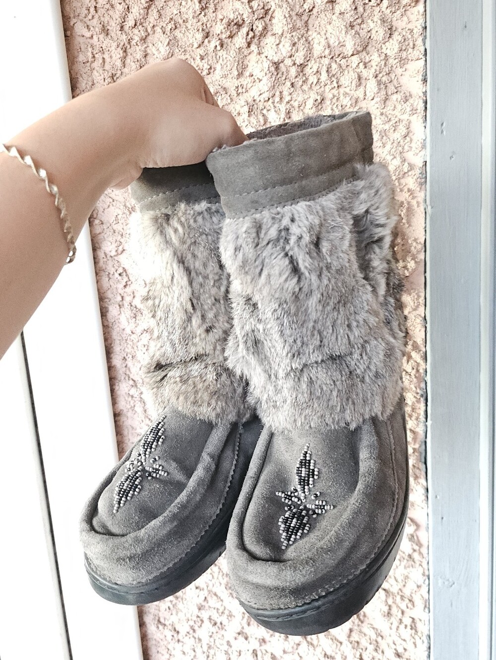 Women’s Faux Fur Gray Winter Boots with Bead Detail